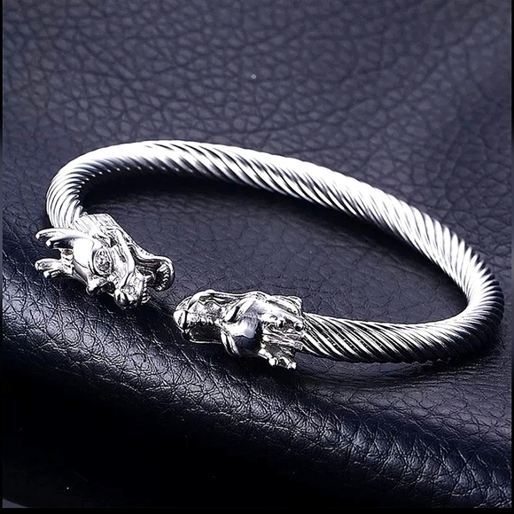Dragon Viking Sterling Silver Plated Stainless Steel Bangle Cuff Bracelet - Picture 8 of 16